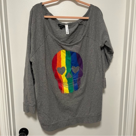 Torrid Celebrate Love Off-Shoulder Sweatshirt - Rainbow Skull Grey - Picture 4 of 9